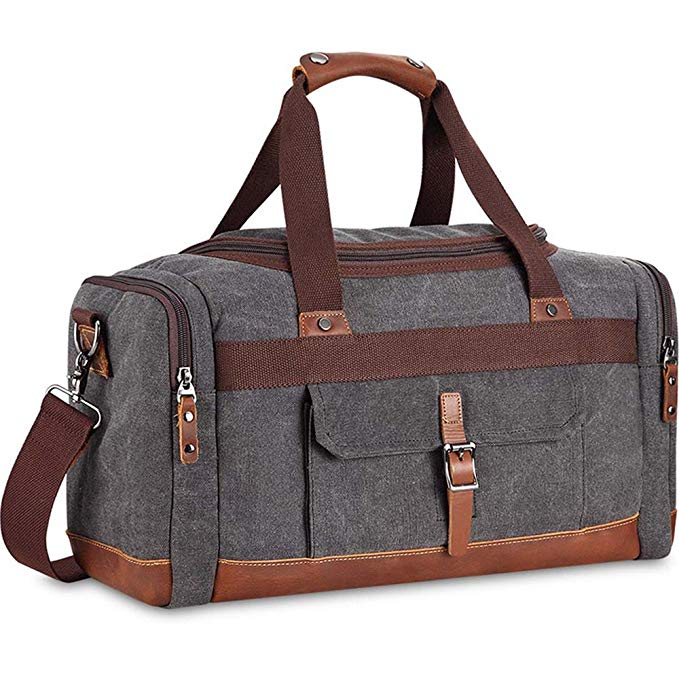 BLUBOON Canvas Genuine Leather Trim Overnight Travel Duffel Bag Weekend Tote Bag Carry on Luggage