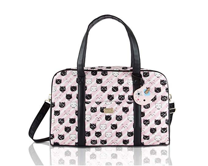 Betsey Johnson Luv CruzIn Cotton Quilted Carry On Weekender Travel Duffel Bag - Black/Blush Cat Face