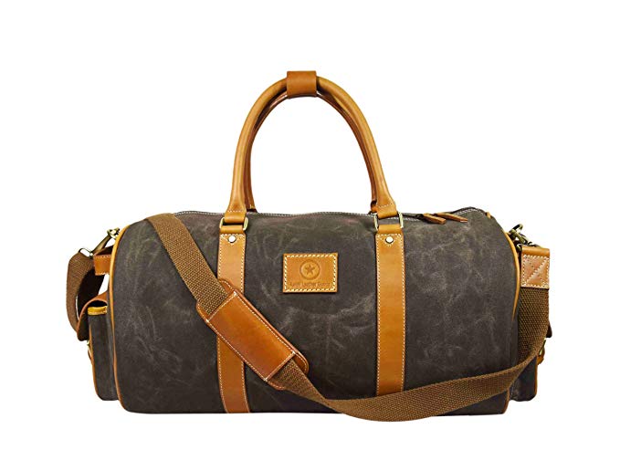 Water-Resistant Retro Style Travel Duffle Bag| Waxed Canvas Multi-Functional Weekender Bag | Unisex Holdall Bag By Aaron Leather (Brown)